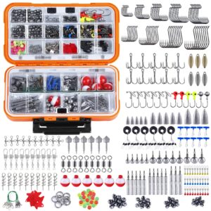 topfort 187/343pcs fishing accessories kit, including jig hooks, bullet bass casting sinker weights, fishing swivels snaps, sinker slides, fishing set with tackle box