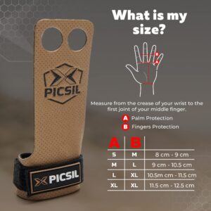 PICSIL Azor Grips, Workout Grips with Increased Magnesium Retention, Light and Resistant Unisex Hand Grips for Weightlifting and Gymnastics, Blocks Rips and Blisters, 2 Holes, Brown, Small