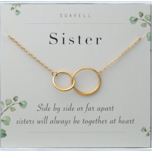 Suavell Sister Necklace - Sterling Silver Interlocking Double Circle Necklace - Birthday Gift for My Big or Little Sister - Sister Gifts for 2 - Maid of Honor Gifts From the Bride - 18k Gold Plating