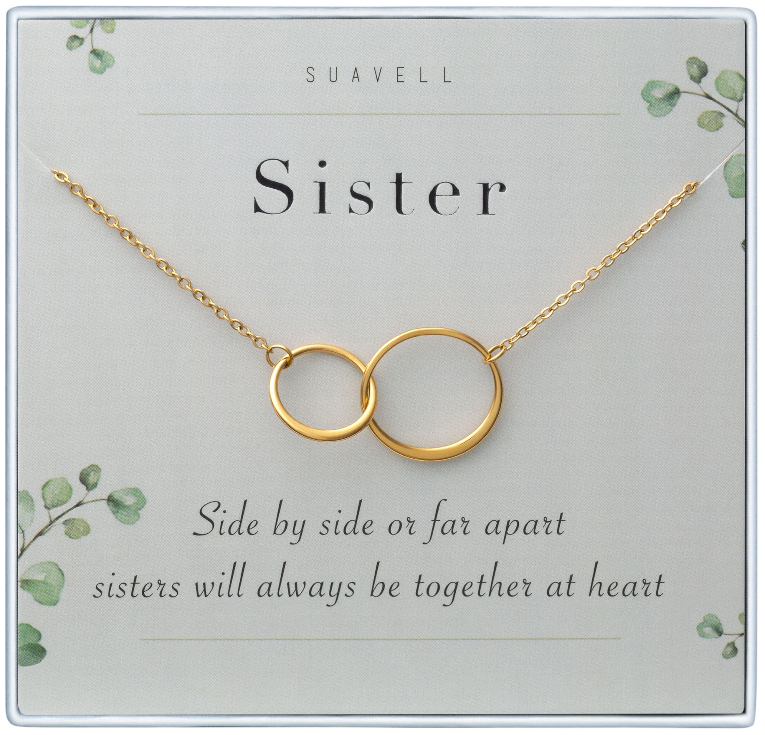 Suavell Sister Necklace - Sterling Silver Interlocking Double Circle Necklace - Birthday Gift for My Big or Little Sister - Sister Gifts for 2 - Maid of Honor Gifts From the Bride - 18k Gold Plating