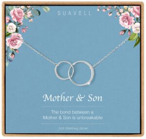 suavell mother son necklace. sterling silver double circle necklace for women. mothers day gifts from son. mother son gifts for mom and sentimental mom birthday gifts. interlocking circle necklace