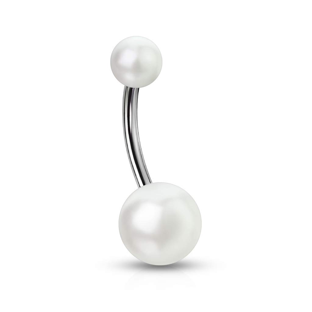 14G 316L Stainless Steel Imitation Pearl Navel Belly Button Ring (White)