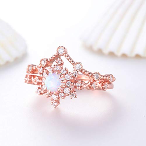 Round Cut Opal CZ Diamond Sterling Silver Rose Gold Women Engagement Wedding Bridal Statement Anniversary Ring Set White Gold Yellow Gold Promise Gift