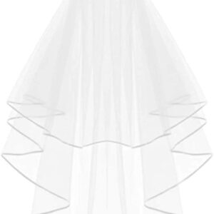 METEMEI White Double Ribbon Edge Center Cascade Bridal Wedding Veil with Metal Comb (White)