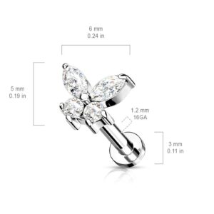 Dynamique CZ Butterfly Top On Internally Threaded 316L Surgical Steel Flat Back Studs For Labret, Monroe And Cartilage (Sold Per Piece)