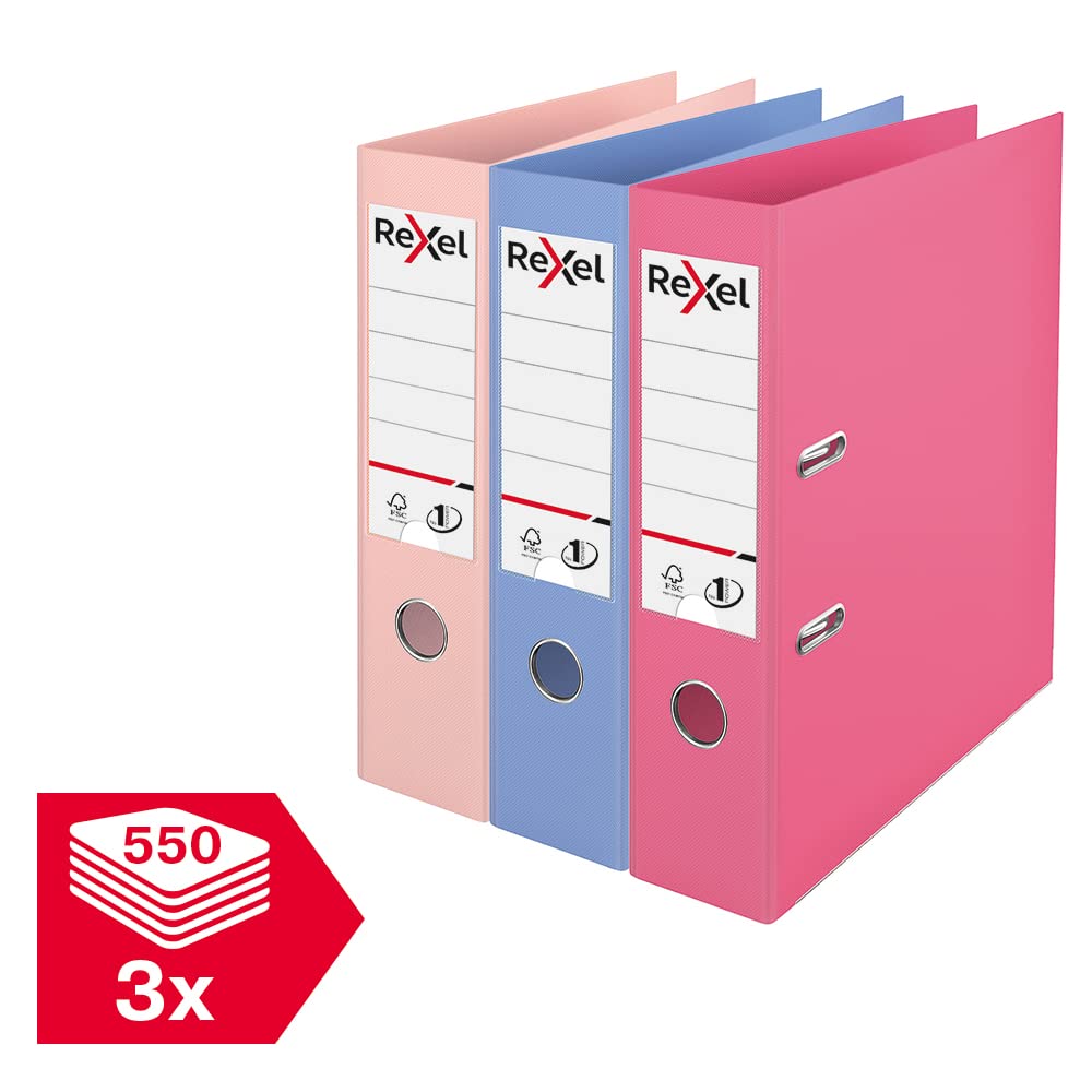 Rexel Pastel Plastic A4 Lever Arch Files, 3 File Folders, Assorted; Pink, Blue & Peach