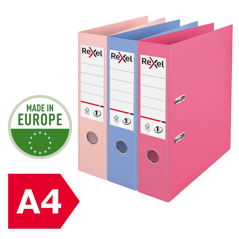 Rexel Pastel Plastic A4 Lever Arch Files, 3 File Folders, Assorted; Pink, Blue & Peach