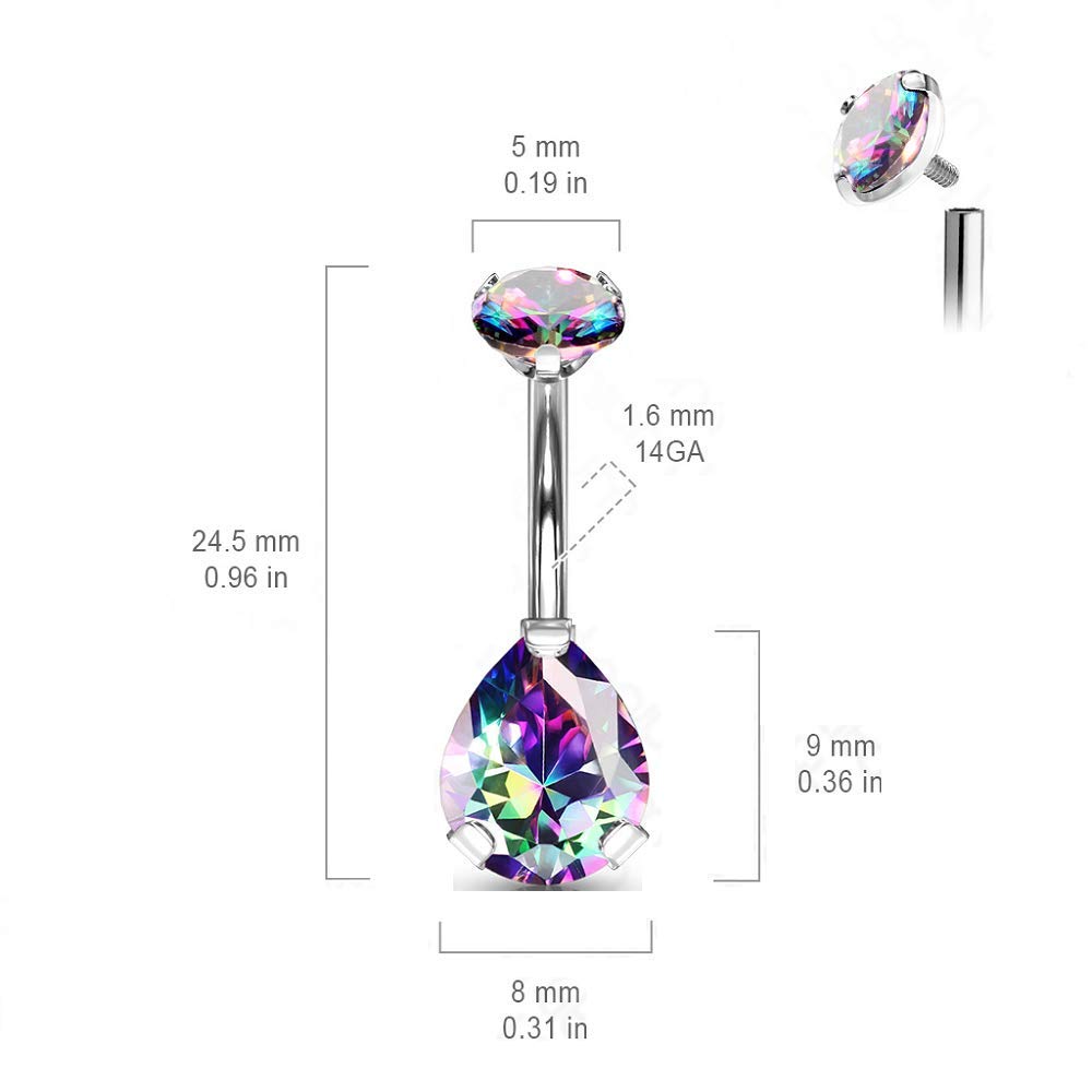 Pierced Owl 14G Implant Grade Titanium Internally Threaded Top Prong Set Double CZ Pear Navel Belly Button Ring (Aurora Borealis)