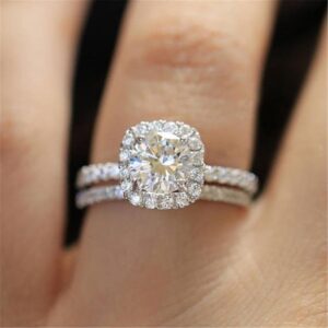 Gixaxak 18K White Gold Plated Sterling Silver Princess Cut Bridal Set Engagement Wedding Ring Bands with Cubic Zirconia 9