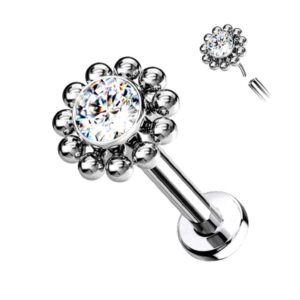 Pierced Owl 16-18G G23 Implant Grade Titanium Threadless Push-in CZ Crystal Center Flower with Beaded Edge Flat Back Lip Cartilage Ear Stud (Clear, 16GA)