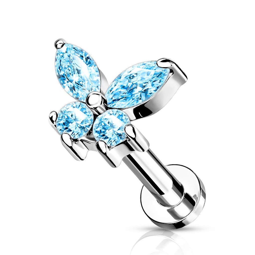 Dynamique CZ Butterfly Top On Internally Threaded 316L Surgical Steel Flat Back Studs For Labret, Monroe And Cartilage (Sold Per Piece)