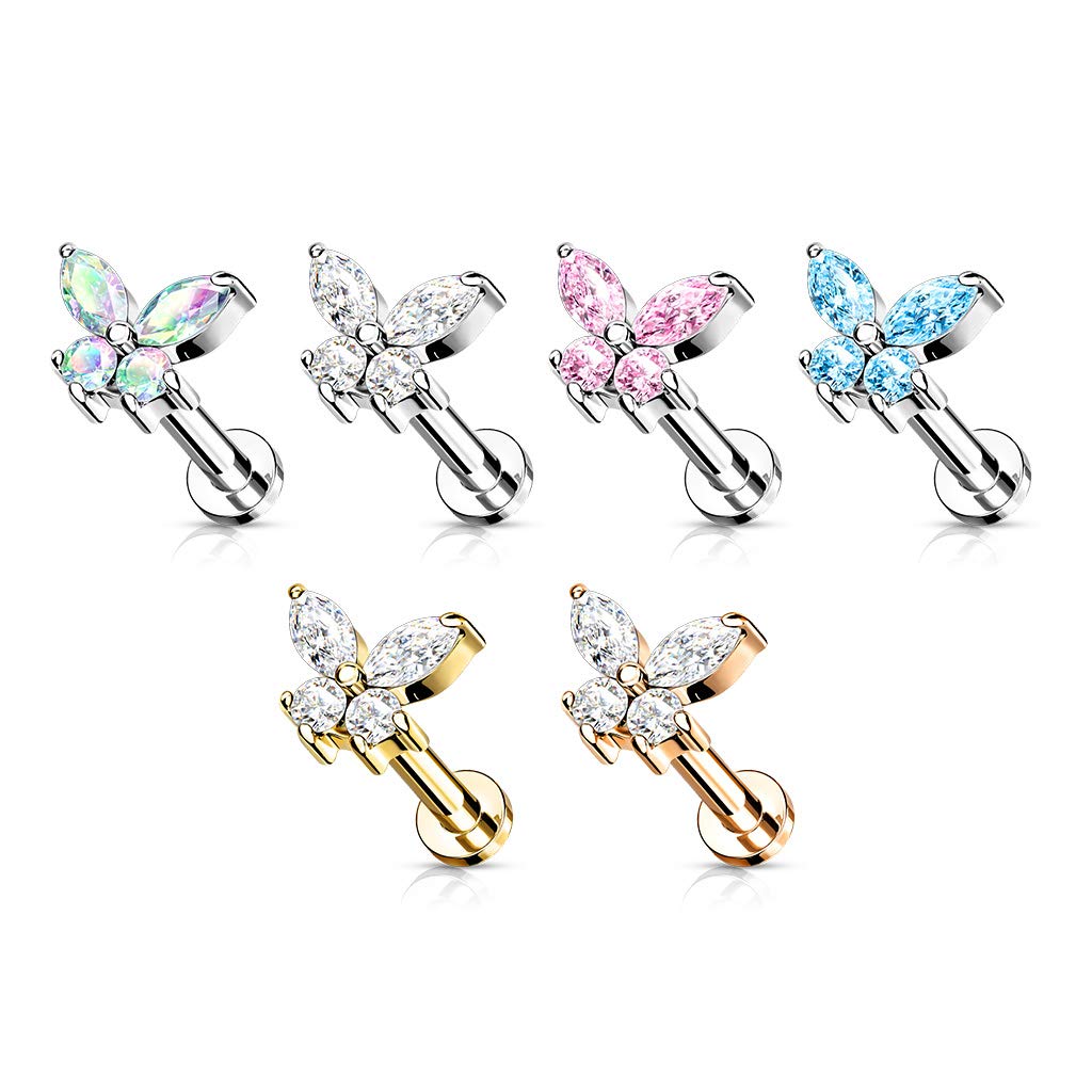 Dynamique CZ Butterfly Top On Internally Threaded 316L Surgical Steel Flat Back Studs For Labret, Monroe And Cartilage (Sold Per Piece)