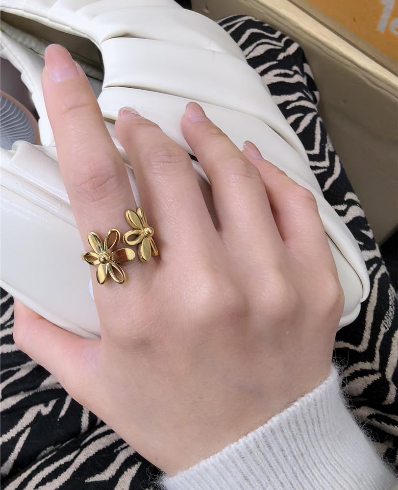 Vintage Daisy Flower Stainless Steel Statement Open Ring for Women Girls Polished Comfort Fit Filigree Hawaiian Sunflowers Adjustable Promise Band Rings Birthday Holiday Gifts BFF Mom (Gold Size 7)