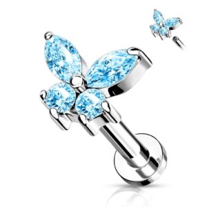 Dynamique CZ Butterfly Top On Internally Threaded 316L Surgical Steel Flat Back Studs For Labret, Monroe And Cartilage (Sold Per Piece)