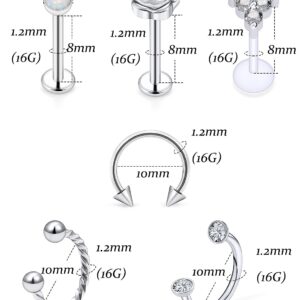 Vsnnsns 16G Lip Rings Stainless Steel Opal Horseshoe Labret Monroe Lip Rings Nail Cartilage Tragus Helix Earrings Studs Septum Ring Medusa Piercing Jewelry Retainer For Women Men Silver 8mm 26PCS