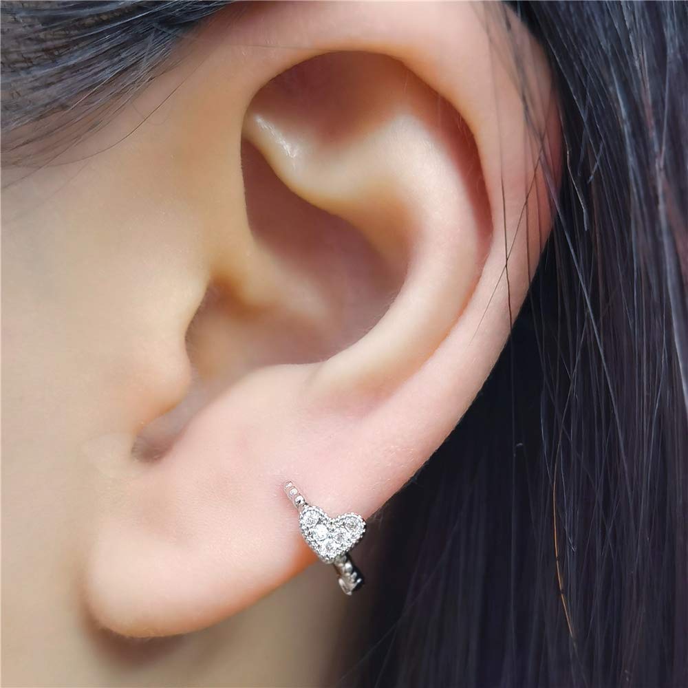 CZ Sideways Heart Cartilage Small Hoop Earrings for Women Cubic Zirconia Tiny Love Beaded Huggie Hoops Hypoallergenic Earring Delicate Birthday Holiday Easter Gift 7mm