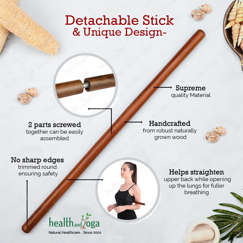 HealthAndYoga™ StretchNHeal Multi-Use Wooden Yoga Stick - Portable Posture Corrector Pole, Stretch and Mobility Stick,Physical Workout Exercise Dowel (Regular - 26")