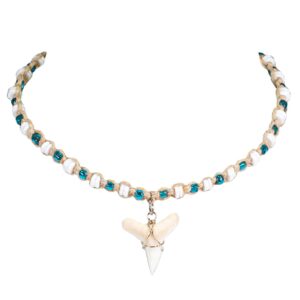 BlueRica Shark Tooth on Hemp Choker Necklace with Blue Beads and Puka Shells (3L)