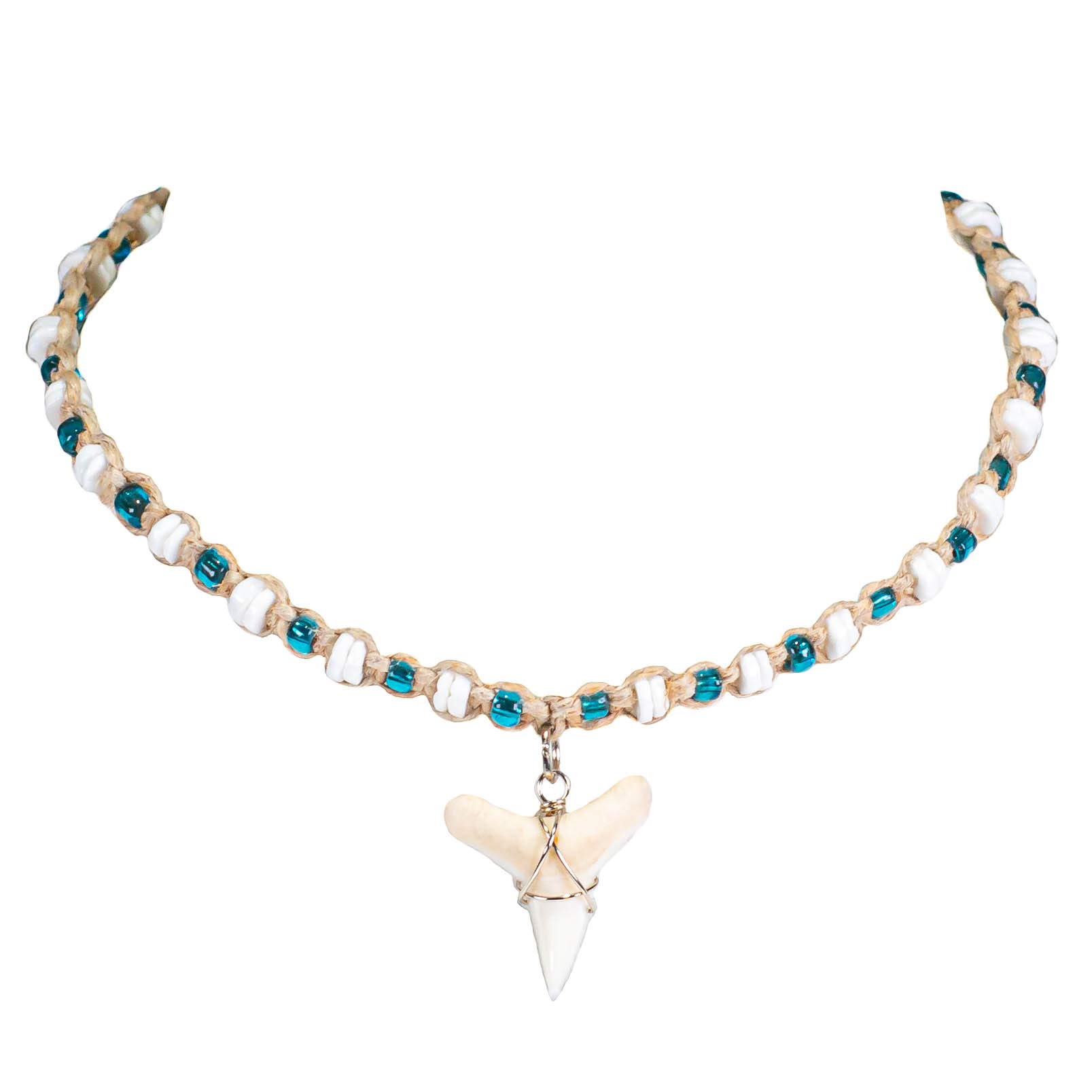 BlueRica Shark Tooth on Hemp Choker Necklace with Blue Beads and Puka Shells (3L)