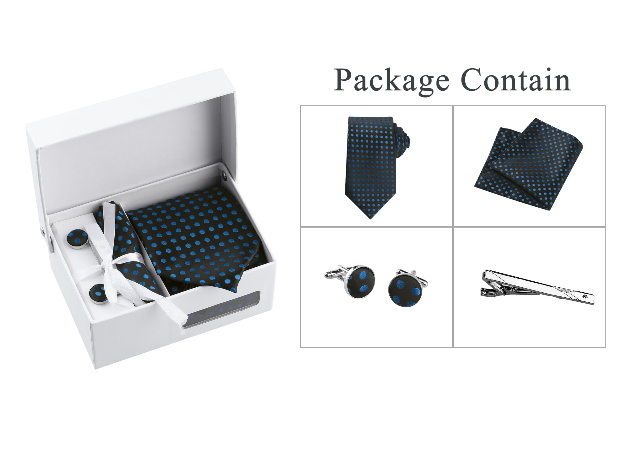 Allegra K Men's Polka Dots Self-tied Tie Handkerchief Clip Cufflinks Wedding Business Necktie Sets One Size Black Blue