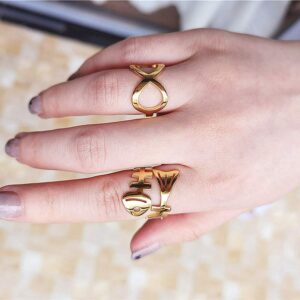 Dtja Punk Fish Bone Open Band Rings for Women Stainless Steel Statement High Polished Skeleton Comfort Fit Tarnish Resistant Exquisite Expandable Ring Personalized Jewelry (Gold 6)