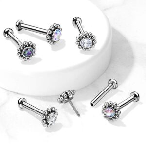 Pierced Owl 16-18G G23 Implant Grade Titanium Threadless Push-in CZ Crystal Center Flower with Beaded Edge Flat Back Lip Cartilage Ear Stud (Clear, 16GA)