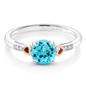 gem stone king 925 silver and 10k rose gold swiss blue topaz and white diamond engagement ring for women (1.68 cttw, round 7mm, gemstone birthstone, available in size 5, 6, 7, 8, 9)