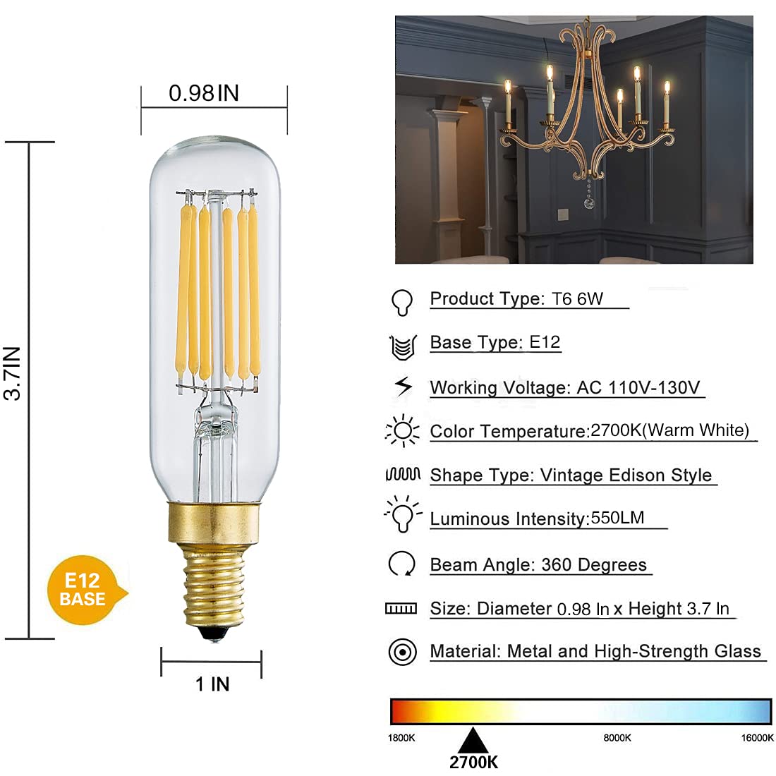 YFXRLIGHT Dimmable T6 Vintage LED Light Bulbs Warm White 2700K,6W Equal 60 watt Light Bulb, E12 Base Candelabra Bulb for Chandeliers,Pendant,Wall scones 6Pack