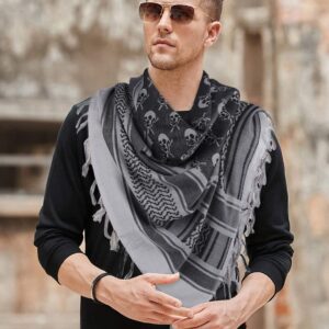 GERINLY Urban Style Shemagh Scarf Fashion Ethiopian Head Wrap for Men Women Blanket Square Arab Tessel Scarf Large Skull Keffiyeh (Grey)