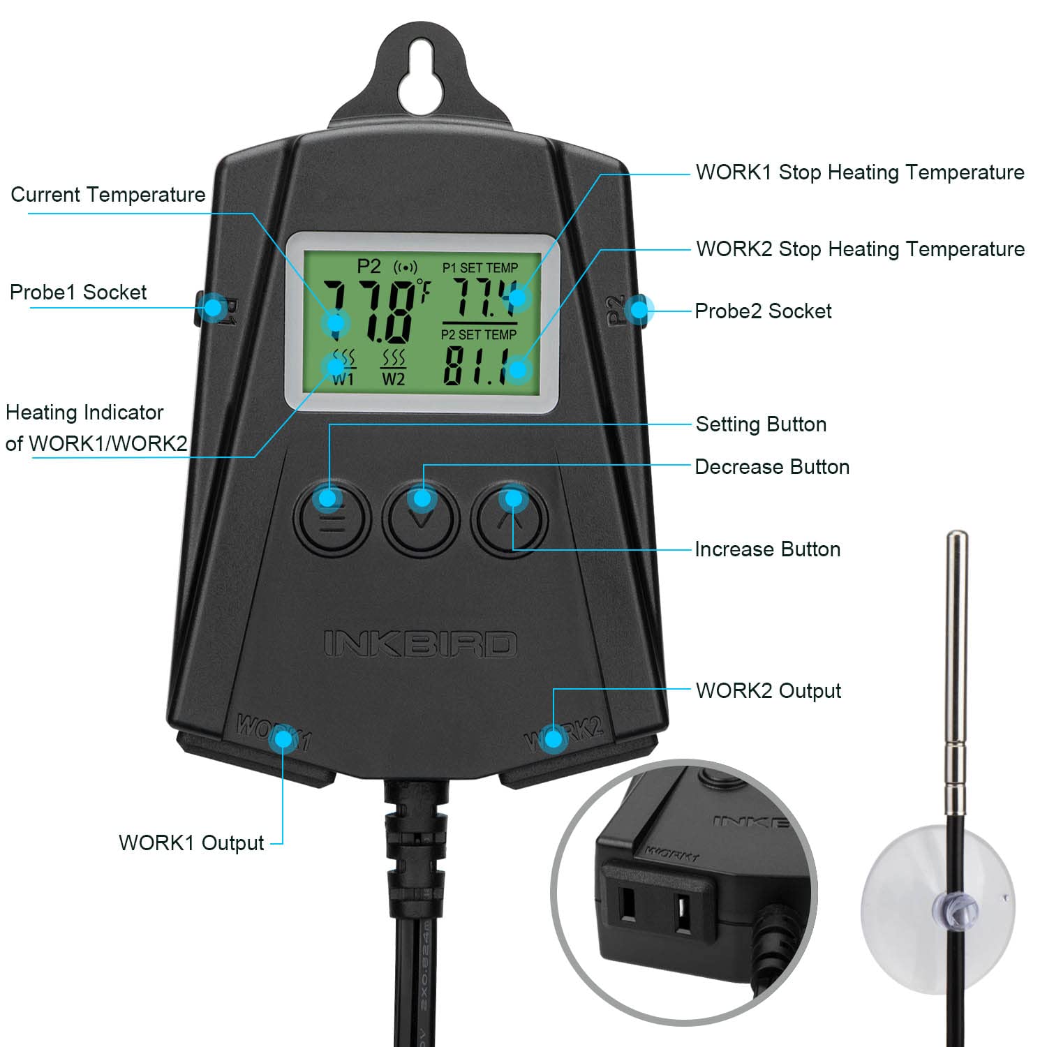 Inkbird WiFi Heat Mat Reptile Thermostat Controller Temperature Controller with 2 Probes and 2 Outlets, IPT-2CH Reptiles Heat Mat Thermostat (Max 250W per Outlet)