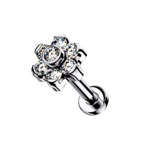 Dynamique Implant Grade Titanium Threadless Push In Labret, Flat Back Studs With CZ Set Flower Top For Cartilage, Monroe And Nose (Sold Per Piece)