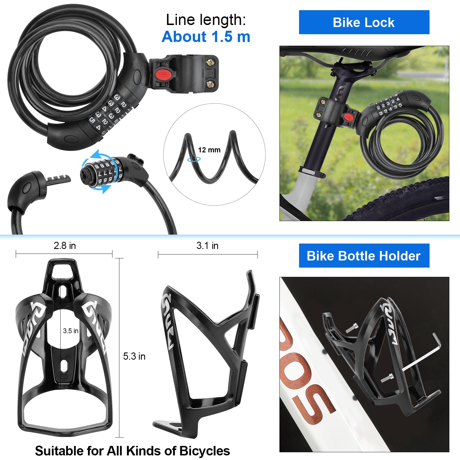 SODPE 8 Pack Bicycle Accessories, Bike Light Set USB Rechargeable, 1 Bike Water Bottle Holder, Bike Bag and 1 Bike Aluminum Bicycle Bell,Pump