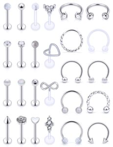 vsnnsns 16g lip rings stainless steel opal horseshoe labret monroe lip rings nail cartilage tragus helix earrings studs septum ring medusa piercing jewelry retainer for women men silver 8mm 26pcs