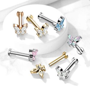 Dynamique CZ Butterfly Top On Internally Threaded 316L Surgical Steel Flat Back Studs For Labret, Monroe And Cartilage (Sold Per Piece)