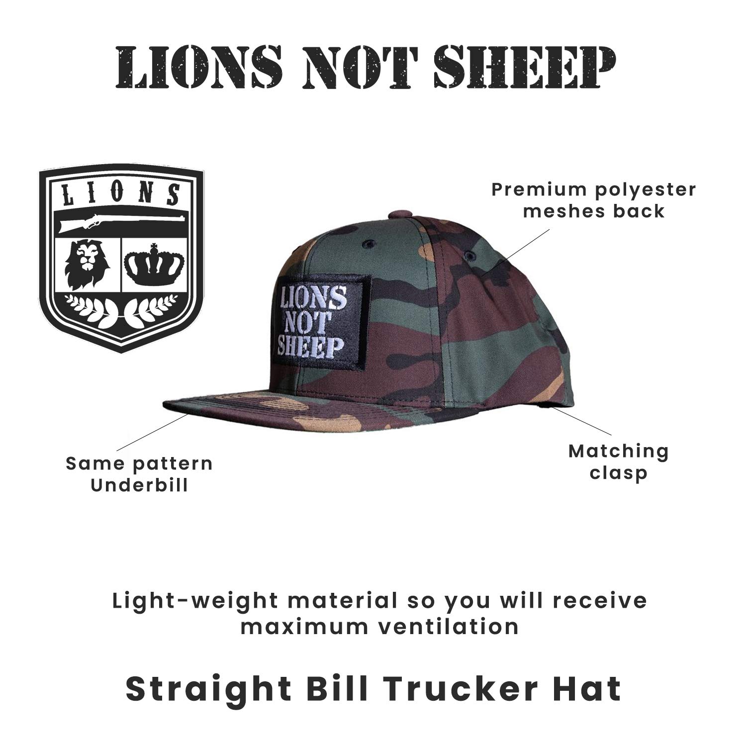 Lions Not Sheep Hat (Camo) - Mesh Back Baseball Cap - 5 Panel Trucker Cap - Trucker Hats for Men and Women - Adjustable Snapback Mesh Hat for Hiking & Fishing