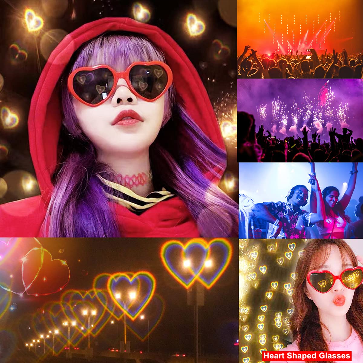 Dollger Heart Sunglasses Heart Effect Diffraction Glasses Festival Accessories Party Rave Lights Glasses Love Gift UV400 Protection