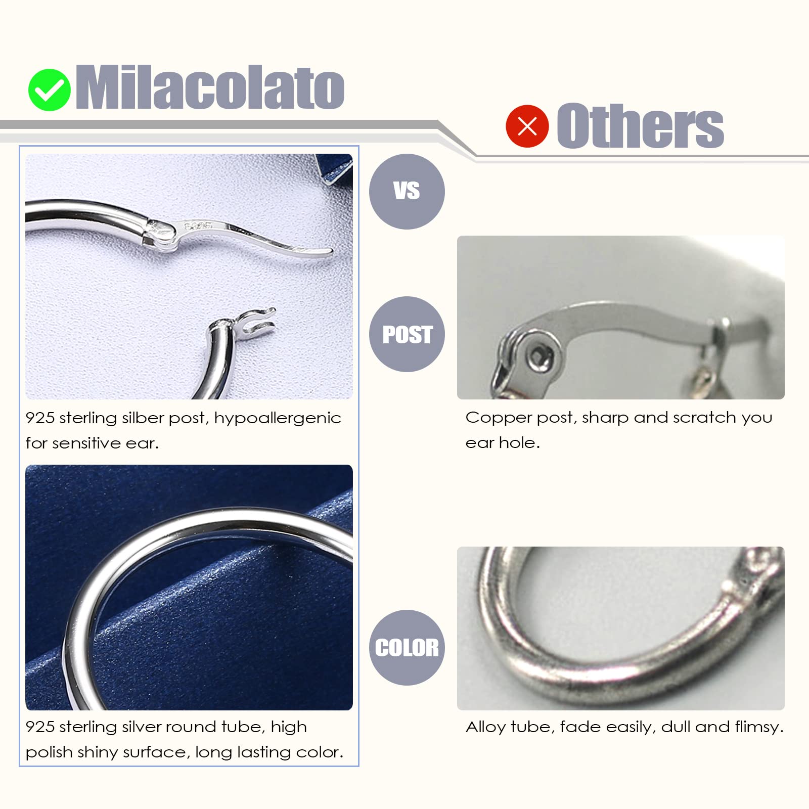 Milacolato 925 Sterling Silver Hoop Earrings for Women 18K White Gold Plated Chunky Huggie Hoop Earrings Hypoallergenic Lightweight Round-Tube Circle Big Hoop Earrings 20mm