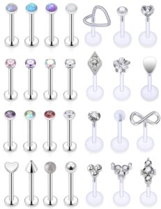 vsnnsns 16g lip rings stainless steel opal labret monroe lip rings nail cartilage tragus helix earrings studs ring medusa piercing jewelry retainer for women men silver 8mm 28pcs