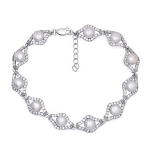 jewelili bracelet sterling silver with 7mm white pearl and created round white sapphire, 7.75"