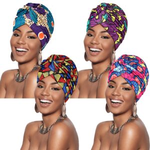 Geyoga 4 Pieces African Women Turban Cap Headscarf Women Turban Cap Stretch Twisted Headwrap (Twisted Cap)