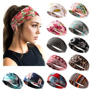 jesries 12 pack headbands for women boho printed non slip hair band sport yoga running elastic sweat hair wrap for girls