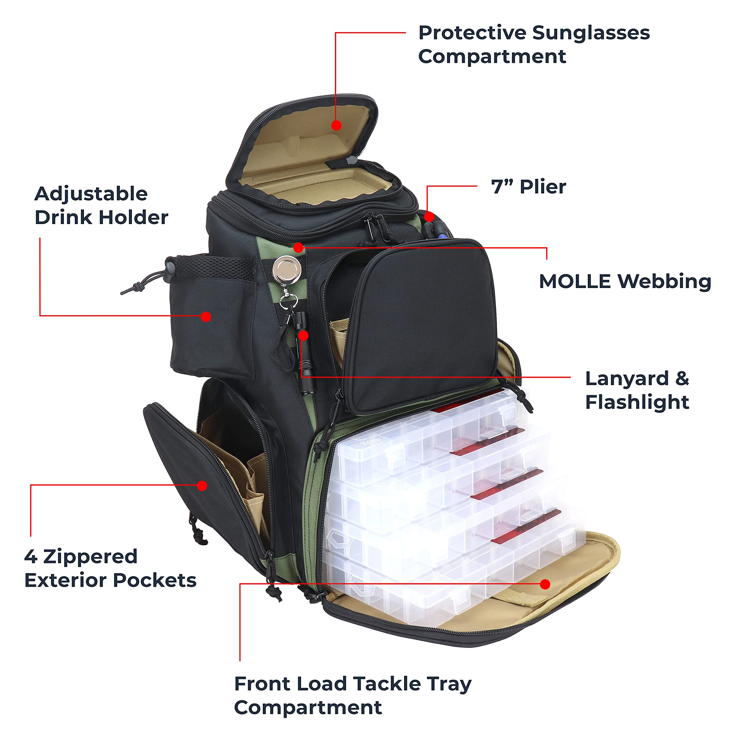 OSAGE RIVER Fishing Backpack, Fits 4 Large Tackle Boxes, MOLLE Webbing as Rod Holder, Waterproof Rain Cover, Includes Pliers and Flashlight, Large