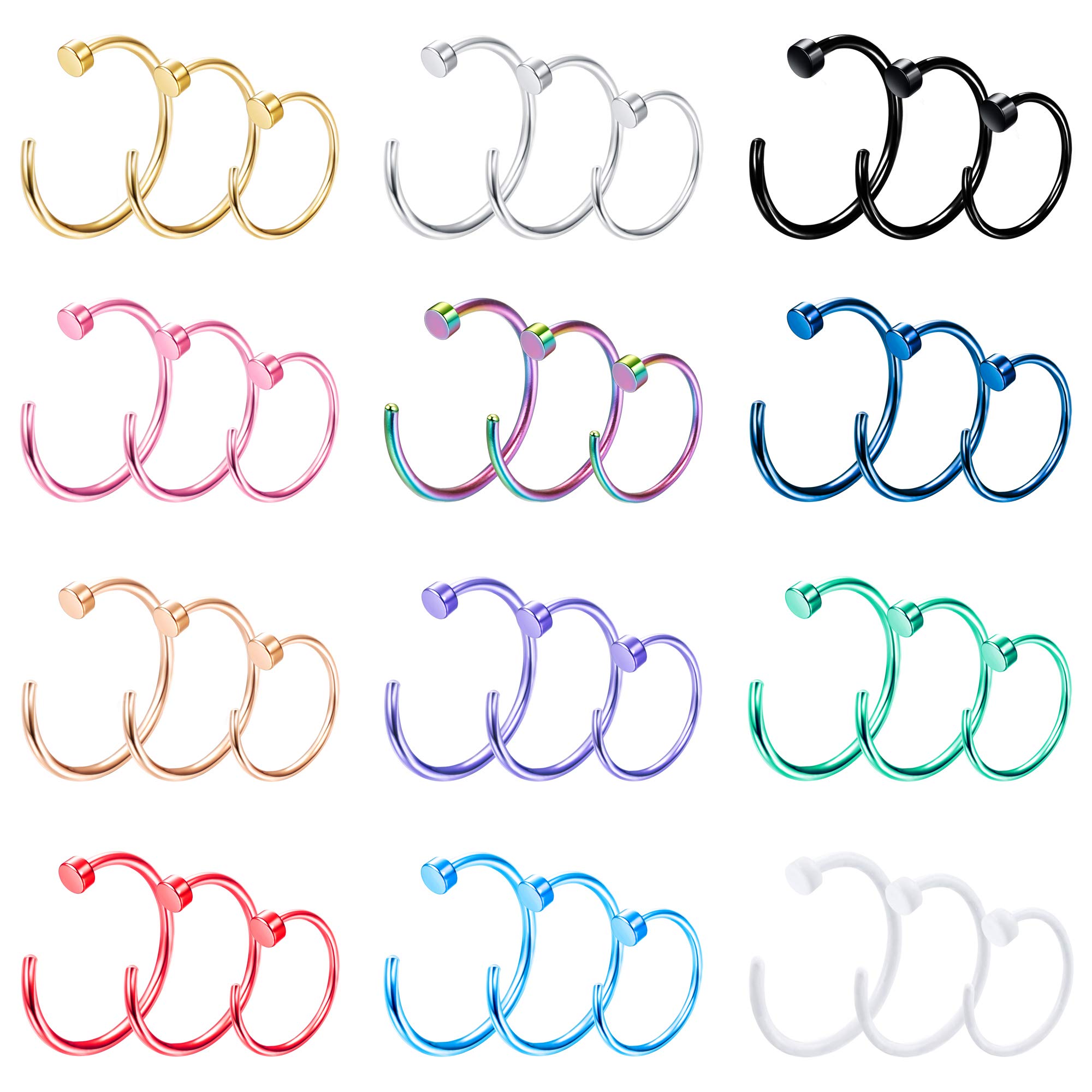 Drperfect 20G 36PCS 316L Stainless Steel Nose Ring Hoop Nose Piercing Jewelry for Women and Men Colored Hoop Nose Ring 6mm 8mm 10mm