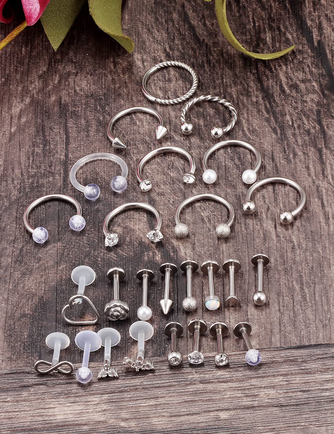 Vsnnsns 16G Lip Rings Stainless Steel Opal Horseshoe Labret Monroe Lip Rings Nail Cartilage Tragus Helix Earrings Studs Septum Ring Medusa Piercing Jewelry Retainer For Women Men Silver 8mm 26PCS