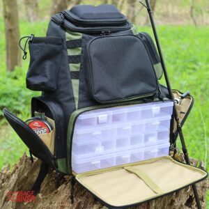 OSAGE RIVER Fishing Backpack, Fits 4 Large Tackle Boxes, MOLLE Webbing as Rod Holder, Waterproof Rain Cover, Includes Pliers and Flashlight, Large