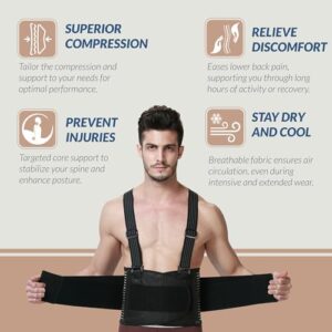 NeoTech Care Adjustable Back Brace Lumbar Support Belt with Suspenders, Charcoal Color, Size XL