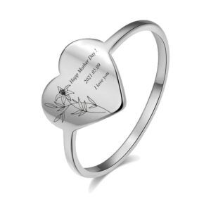 lonago birth flower ring personalized name heart ring custom name plate stacking ring engrave names initial ring for women