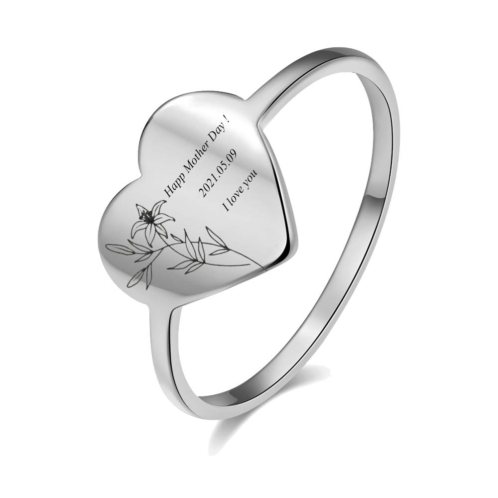 LONAGO Birth Flower Ring Personalized Name Heart Ring Custom Name Plate Stacking Ring Engrave Names Initial Ring for Women