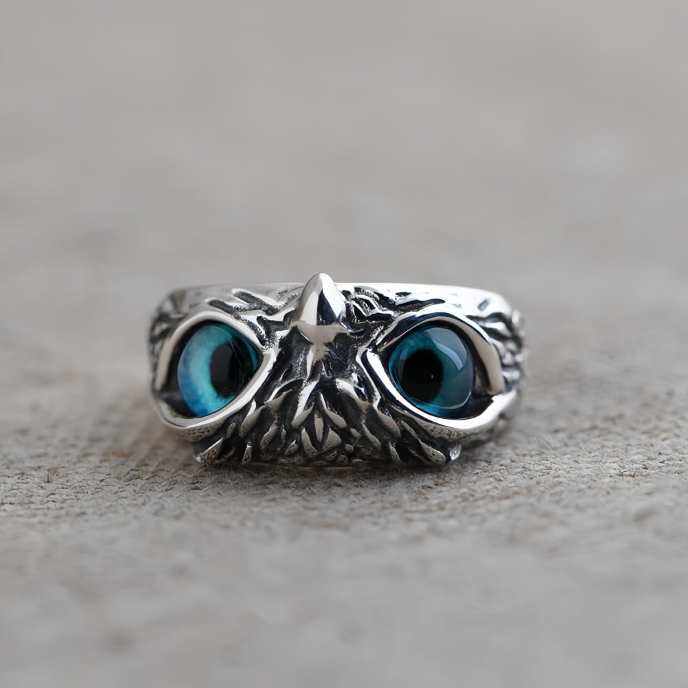 Retro 925 Sterling Silver Night Owl Head Ring with Blue Eyes for Men Women Open Adjustable