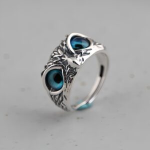 Retro 925 Sterling Silver Night Owl Head Ring with Blue Eyes for Men Women Open Adjustable